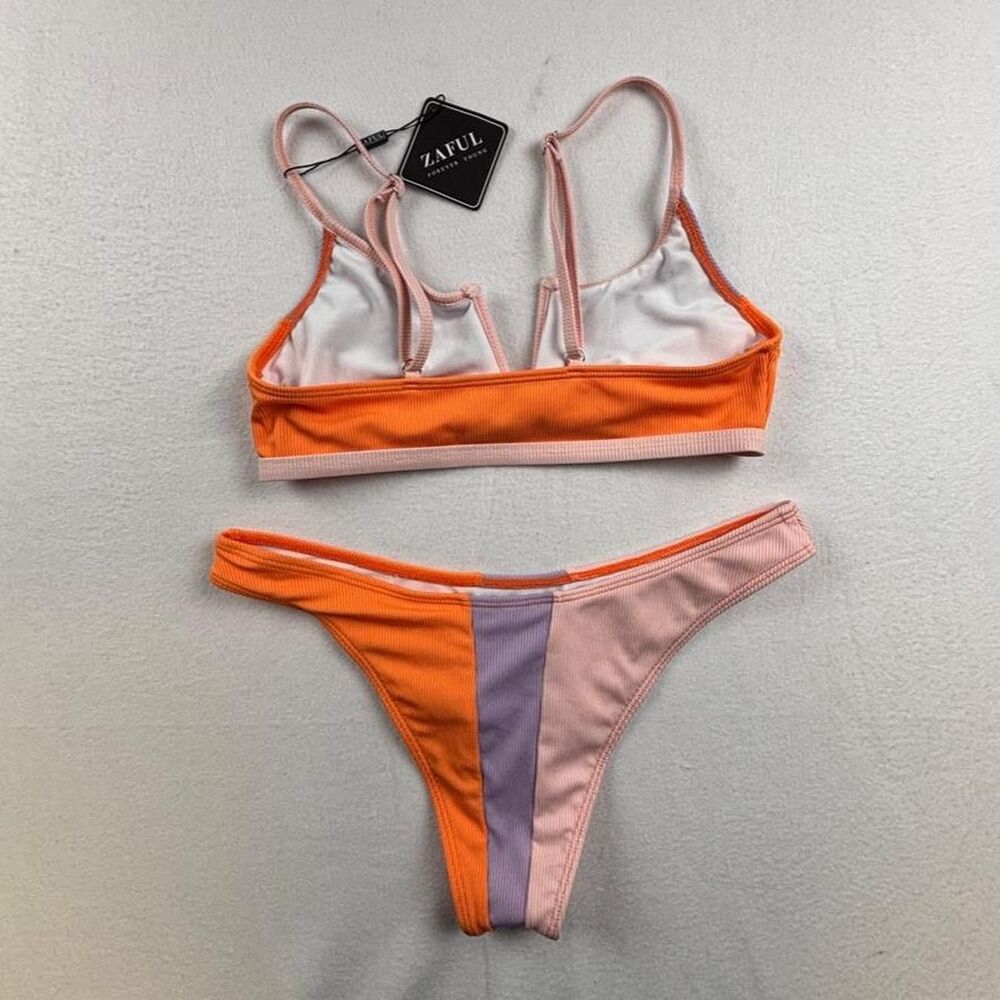 Zaful Colorblock Ribbed Bikini Set Orange Pink Lavender Women’s Size 6 - Picture 2 of 4